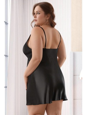 Fevien Kadın Siyah Büyük Beden Saten Gecelik - Transparan Güpürlü Plus Size Ev Giyimi