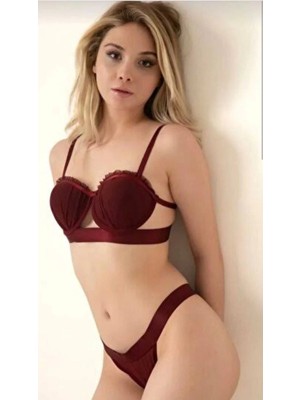 Kadın Bordo Push Up Sütyen Takımı Dolgulu Balenli Toparlayıcı Seksi