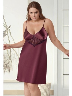 Fevien Kadın Mürdüm Büyük Beden Saten Gecelik - Göğüs Altı Güpürlü Plus Size Ev Giyimi