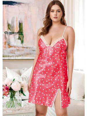 Fevien Kadın Büyük Beden Puantiyeli Saten Gecelik - Beyaz Dantelli Plus Size Gecelik