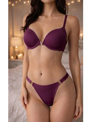 Mor Violet V Detaylı Balenli Destekli Push Up Sütyen Takımı