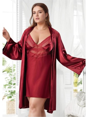 Fevien Büyük Beden Saten Gecelik Sabahlık Takımı - Bordo Dantel Işlemeli 2'li Plus Size Set