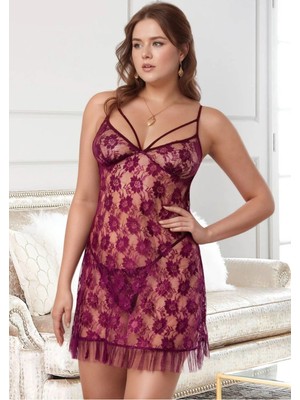 Fevien Kadın Mürdüm Büyük Beden Dantel Gecelik - Volan Etekli Plus Size Fantezi Ev Giyimi