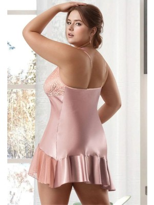 Fevien Büyük Beden Saten Gecelik - Vizon Dantel Kaplamalı ve Volan Etekli Plus Size Gecelik
