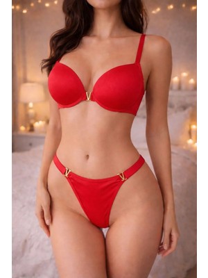 Kırmızı Violet V Detaylı Balenli Destekli Push Up Sütyen Takımı