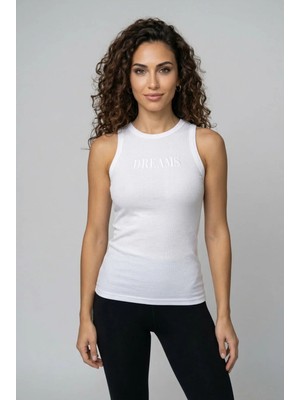 Fevien Kadın Pamuklu Kaşkorse Kalın Askılı Bisiklet Yaka Önü Yazı Baskılı Esnek Dar Kesim Slim Fit Spor ve Günlük Atlet