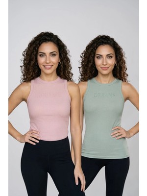 Fevien Kadın 2'li Paket Pamuklu Kaşkorse Kalın Askılı Bisiklet Yaka Önü Yazı Baskılı Esnek Dar Kesim Slim Fit Spor ve Günlük Atlet Seti