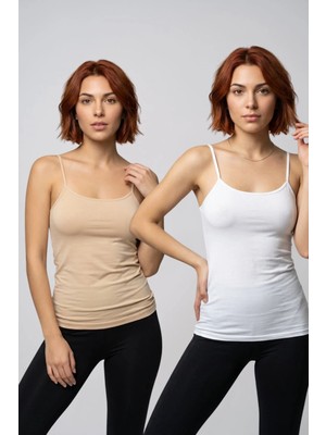 Fevien 2'li Avantaj Paketi Kadın Pamuklu Kendinden Sütyenli Ip Askılı Atlet Göğüs Pedli Kaplı Toparlayıcı Basic Bralet Iç Giyim