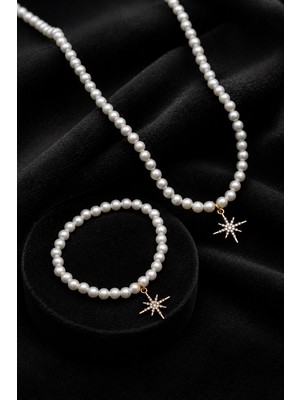 Trend Collection Inci Kolye Bileklik Seti Gold Kutup Yıldızı Detaylı Zirkon Taşlı Takı Seti