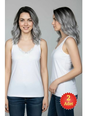 Fevien 2'li Kadın Beyaz %100 Pamuklu Dantelli Kalın Askılı Ribana Atlet (S-5xl)