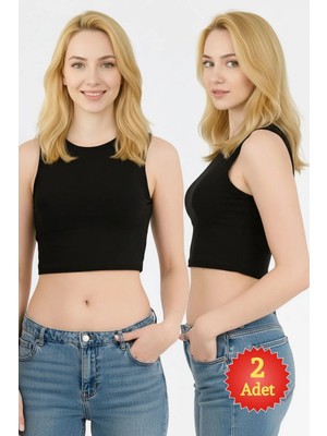 Fevien 2'li Paket Kadın Siyah Bisiklet Yaka Kalın Askılı Basic Pamuklu Supreme Crop Top