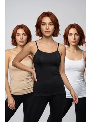 Fevien 3'lü Avantaj Paketi Kadın %95 Pamuklu Kendinden Sütyenli Ip Askılı Atlet Göğüs Pedli Kaplı Toparlayıcı Basic Bralet Iç Giyim