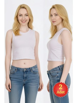Fevien 2'li Paket Kadın Beyaz Bisiklet Yaka Kalın Askılı Likralı Pamuklu Basic Crop Tişört