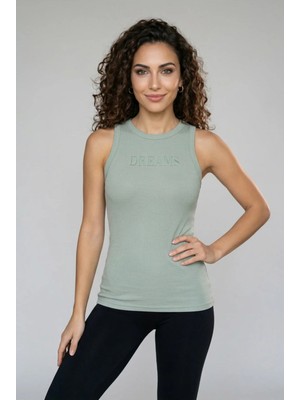 Fevien Kadın Pamuklu Kaşkorse Kalın Askılı Bisiklet Yaka Önü Yazı Baskılı Esnek Dar Kesim Slim Fit Spor ve Günlük Atlet
