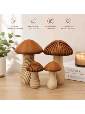 Linia Home Modern Dekoratif Mantar Biblo Seti 4’lü – Minimalist Ev Dekoru | Ahşap Görünümlü Şık Tasarım