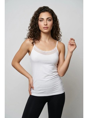 Fevien Kadın Dantelli Tül Detaylı Pamuklu Ip Askılı Atlet Siyah Beyaz Renk Seçenekli Şık Günlük Iç Giyim Body Yumuşak Esnek Kumaş M-L-Xl Beden Uygun Tasarım Rahat Kesim Kaliteli Penye Atlet