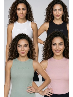 Fevien Kadın 4'lü Paket Pamuklu Kaşkorse Kalın Askılı Bisiklet Yaka Önü Yazı Baskılı Esnek Dar Kesim Slim Fit Günlük Spor Atlet Seti