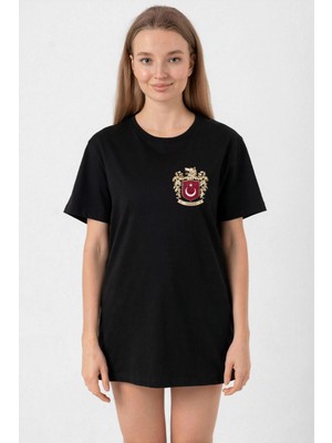 Asmedo Türk Arma Baskılı Oversize Bisiklet Yaka Günlük T-Shirt - Siyah