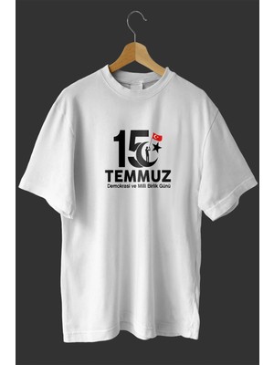 Asmedo 15 Temmuz Demokrasi ve Milli Birlik Günü Baskılı Oversize Bisiklet Yaka T-Shirt - Beyaz