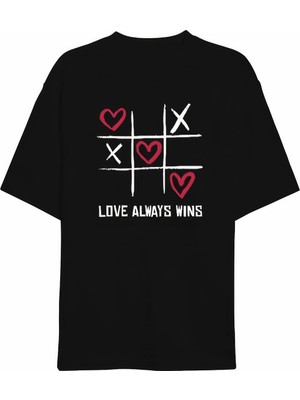 Asmedo 14 Şubat Sevgililer Günü Love Always Wins Baskılı Oversize Bisiklet Yaka T-Shirt - Siyah