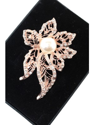 Keeba Inci Kraliçesi Çiçeği Broş Rose Gold Tonlu Kristal Taşlı Incili Çiçekli Kadın Yaka Iğnesi Çiçek