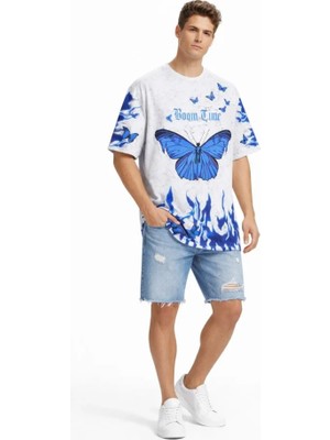 Demir Grup cc Erkek Asit Yıkamalı Oversize Tişört Mavi Kelebek Baskılı Dijital Print Bisiklet Yaka Streetwear T-Shirt - Beyaz