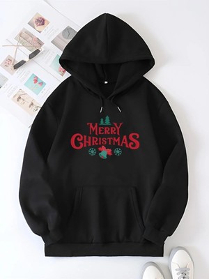 Tarz Yeri Yılbaşı Merry Christmas Baskılı Oversize Kapüşonlu Sweatshirt Hoodie - Siyah