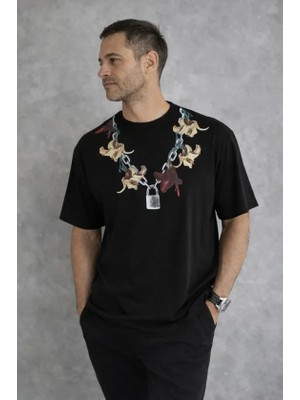Demir Grup cc Erkek Baskılı T-Shirt Kısa Kol Bisiklet Yaka Regular Fit Rahat Kalıp Günlük Tişört - Siyah