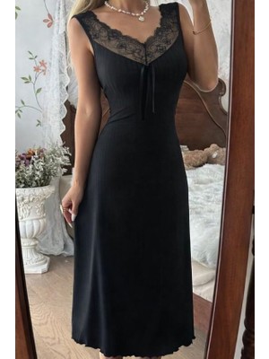 Demir Grup cc Kadın Askılı Dantel Yakalı Uzun Kalın Fitilli Kaşkorse Gecelik - 2xl-3xl - Siyah
