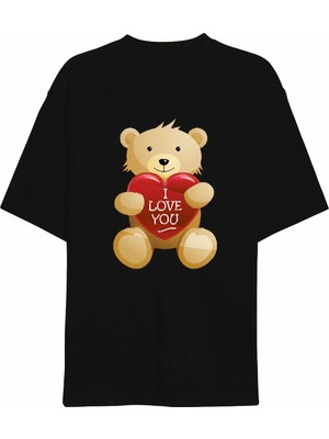 Tarz Yeri 14 Şubat Sevgililer Günü I Love You Ayı Baskılı Oversize Bisiklet Yaka T-Shirt - Siyah