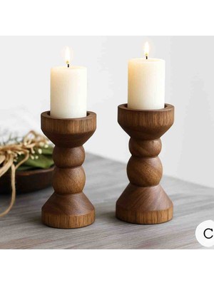 Han Ahşap Doğal Ahşap Şamdan Seti (2'li) – 12.5 cm & 12.5 cm – Rustik Dekoratif Mumluk