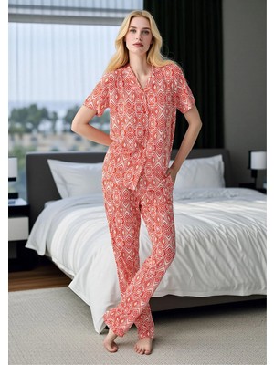Fevien Geometrik Desenli Kısa Kollu Düğmeli Pijama Takımı