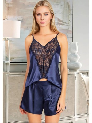 Fevien Kadın Lacivert Saten Şortlu Pijama Takımı Göğsü Geniş Dantel Panelli Ev Giyimi