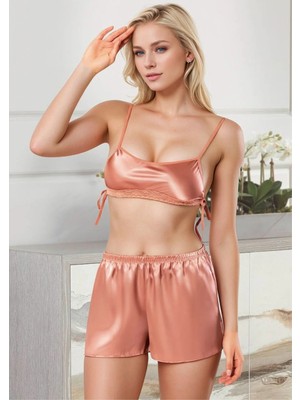 Fevien Kadın Bakır Saten Şortlu Pijama Takımı Yanı Bağlamalı Büstiyer