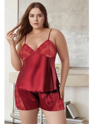 Fevien Kadın Büyük Beden Bordo Saten Şortlu Pijama Takımı Dantelli