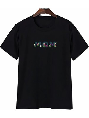 Tarz Yeri Anneler Günü Mom Çiçek Temalı Baskılı Oversize Bisiklet Yaka T-Shirt - Siyah