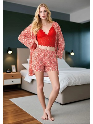 Fevien Geometrik Desenli Kimono Sabahlık ve Şort Takımı - Dantelli Bralet Detaylı 3'lü Ev Giyimi Seti