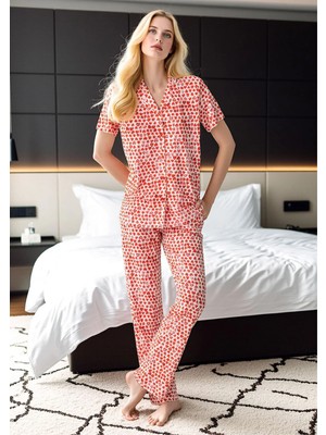 Fevien Kadın Kırmızı Kalp Desenli Gömlek Yaka Pijama Takımı - Önden Düğmeli Pamuklu Set