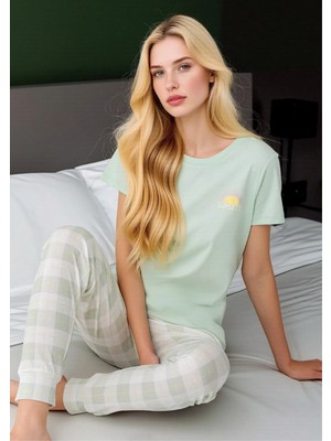 Fevien Kadın Mint Yeşili Sunsets Baskılı Pijama Takımı - Ekoseli Pantolonlu Pamuklu Set