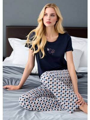 Fevien Kadın Lacivert Be Cute Yazılı Desenli Alt Pijama Takımı - Pamuklu Ev Giyimi