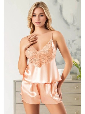 Fevien Kadın Somon Saten Şortlu Pijama Takımı Dantel Işlemeli Askılı Ev Giyimi