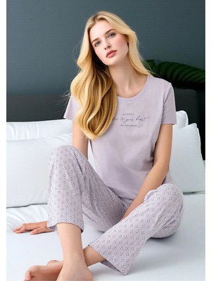 Fevien Kadın Lila Pamuklu Kısa Kollu Pijama Takımı - Baskılı Alt Üst Set