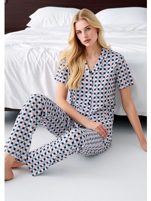 Fevien Kadın Düğmeli Gömlek Yaka Pijama Takımı - Geometrik Desenli Kısa Kollu Set