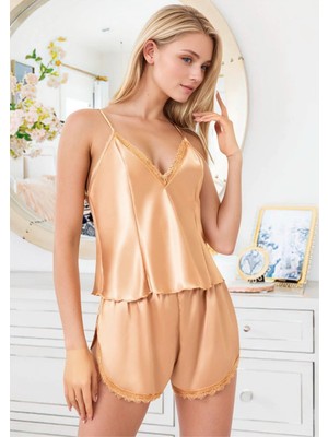 Fevien Kadın Altın Sarısı Saten Şortlu Pijama Takımı Dantel Işlemeli Askılı Ev Giyimi