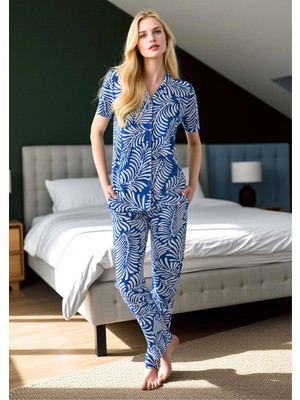 Fevien Kadın Yaprak Desenli Gömlek Yaka Pijama Takımı - Düğmeli Pamuklu Ev Giyim Seti