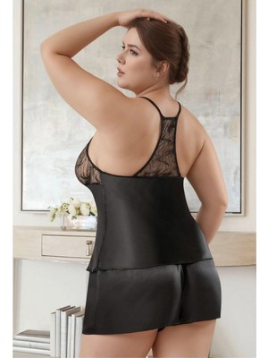 Fevien Kadın Büyük Beden Siyah Saten Şortlu Pijama Takımı Transparan Detaylı