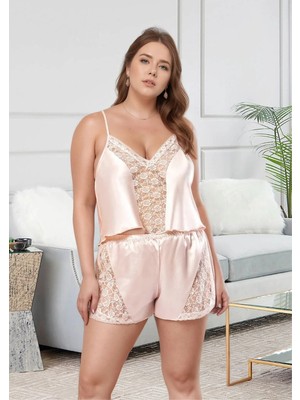 Fevien Kadın Büyük Beden Saten Şortlu Pijama Takımı Dantel Detaylı Somon