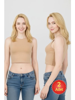 Fevien 2'li Paket Kadın Bej Bisiklet Yaka Kalın Askılı Pamuklu Likralı Dar Kesim Crop Top