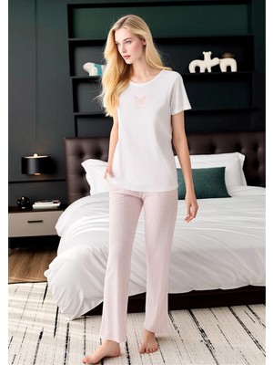 Fevien Kadın Kelebek Nakışlı Kısa Kollu Çizgili Pijama Takımı - Pamuklu Ev Giyim Takımı