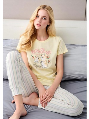 Fevien Kadın Sarı Kedili Let's Shop Baskılı Pijama Takımı - Çizgili Pantolonlu Pamuklu Set